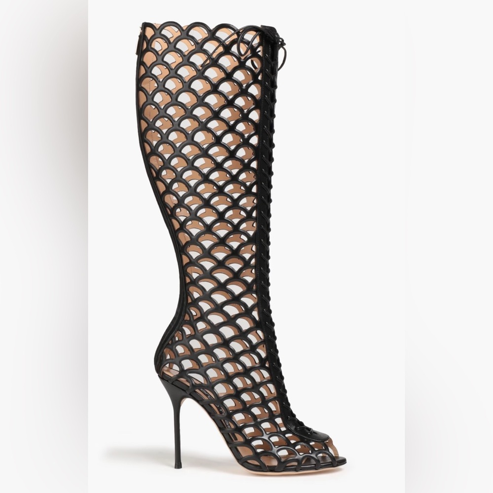 NEW Sergio Rossi LASER-CUT LEATHER BOOTS IN BLACK Sz 38